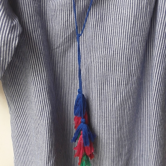 Blue White Striped Rainbow Boho Embroiderd Top M - Picture 4 of 7